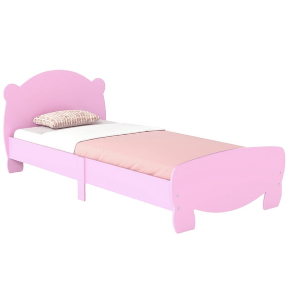 Qaba Twin Bed Frame for Kids, Bear Shaped Toddler Platform Bed, Pink