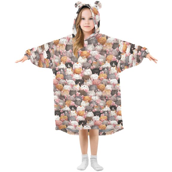 Wearable Blanket Hoodie for Kids Cute and Funny Cat Flannel Hooded Blanket with Pockets and Sleeves Suitable for Boys and Girls