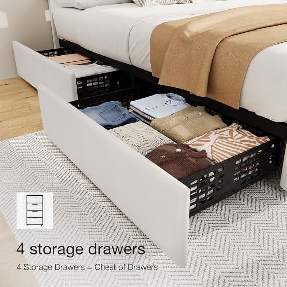 Full/Queen/King Size Bed Frame with 4 Storage Drawers and Headboard, Linen Upholstered Platform Bed Frame, Diamond Stitched Button Tufted, No Box Spring Needed, Easy Assembly