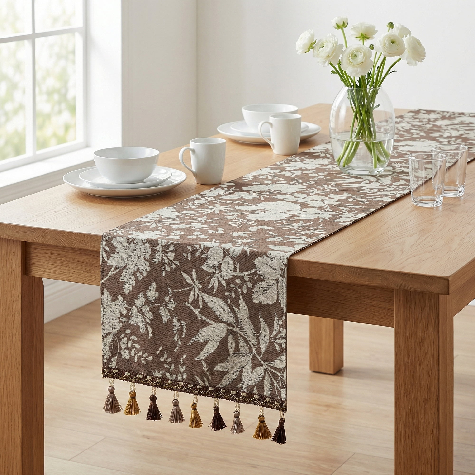 Unique Bargains Floral Table Decoration Kitchen Runner with Tassel Coffee 13.8x63in