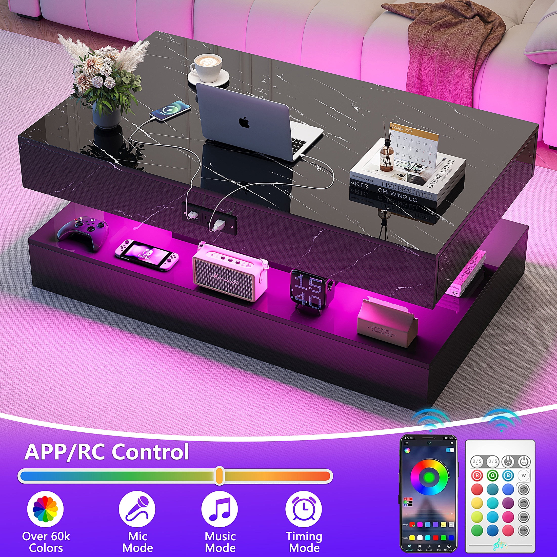 PAPROOS LED Black Coffee Table with 2 Drawers & Open Shelf – Large Modern High Gloss Center Table with Storage, Large Rectangle Living Room Coffee Table with Marble Print