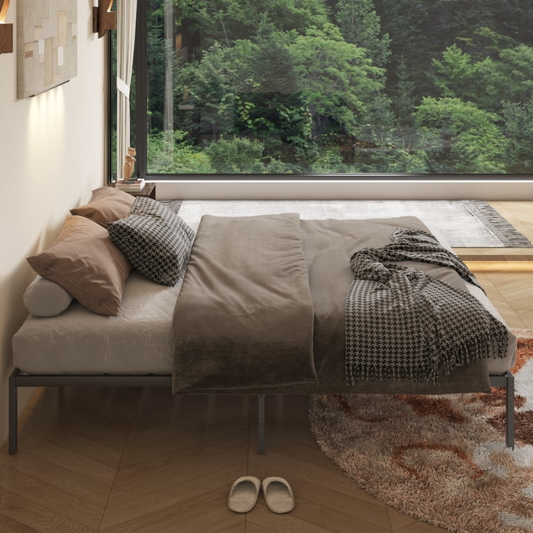 King Size Platform Bed Frame With Wooden Headboard - Heavy Duty Metal Frame, No Box Spring Needed