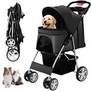 4 Wheels Pet Stroller for Small Medium Dogs Cats 33 lbs, Breathable Foldable Jogger Stroller with Storage Basket, Travel Puppy Stroller for All-Season, Move Pad & Protective Lock, Black