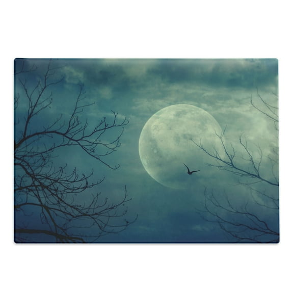 Horror House Cutting Board, Halloween with Full Moon in Sky and Dead Tree Branches Evil Haunted Forest Print, Decorative Tempered Glass Cutting and Serving Board, Large Size, Blue, by Ambesonne