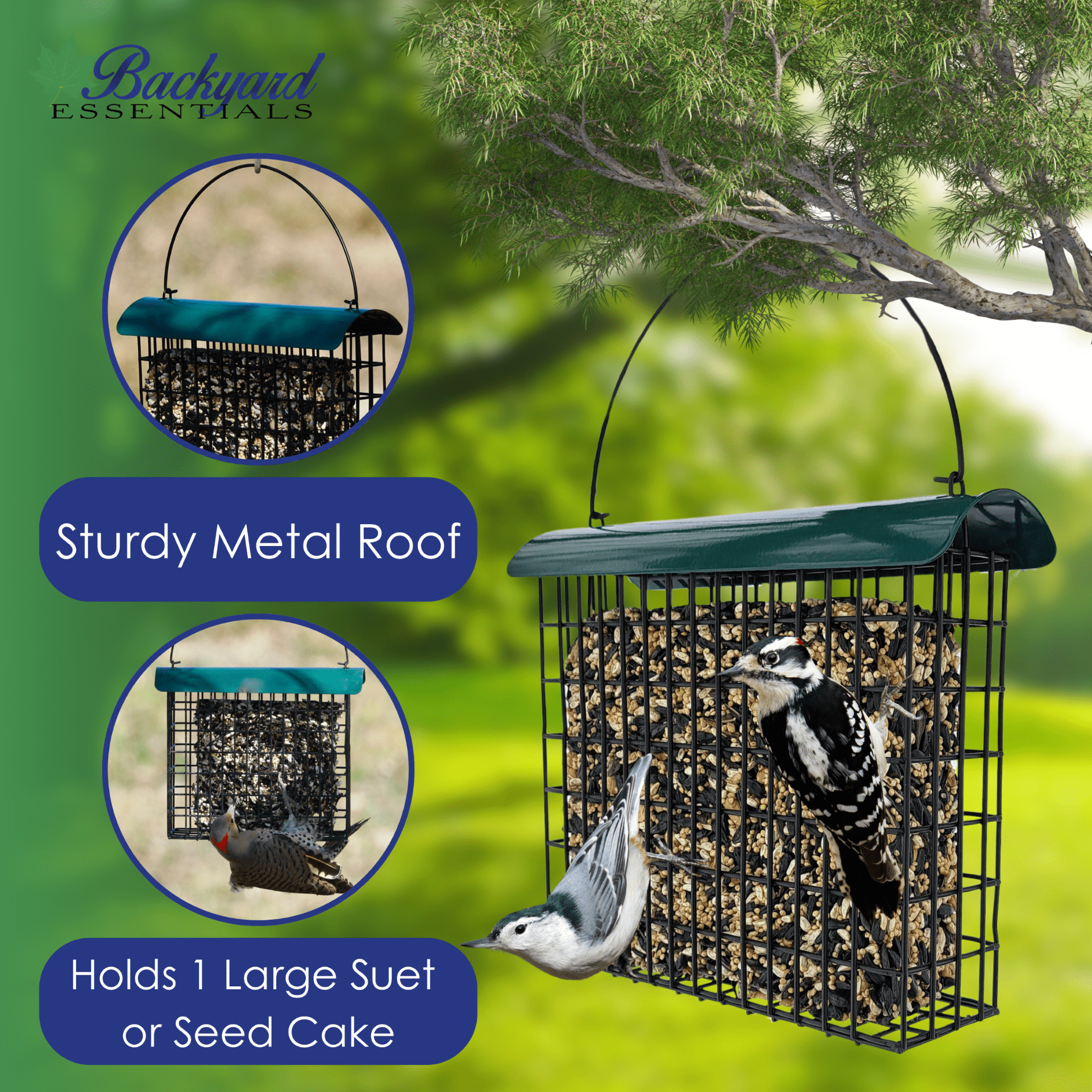 Backyard Essentials Large Suet Feeder Metal Bird Feeder Holds One Large Suet Cake