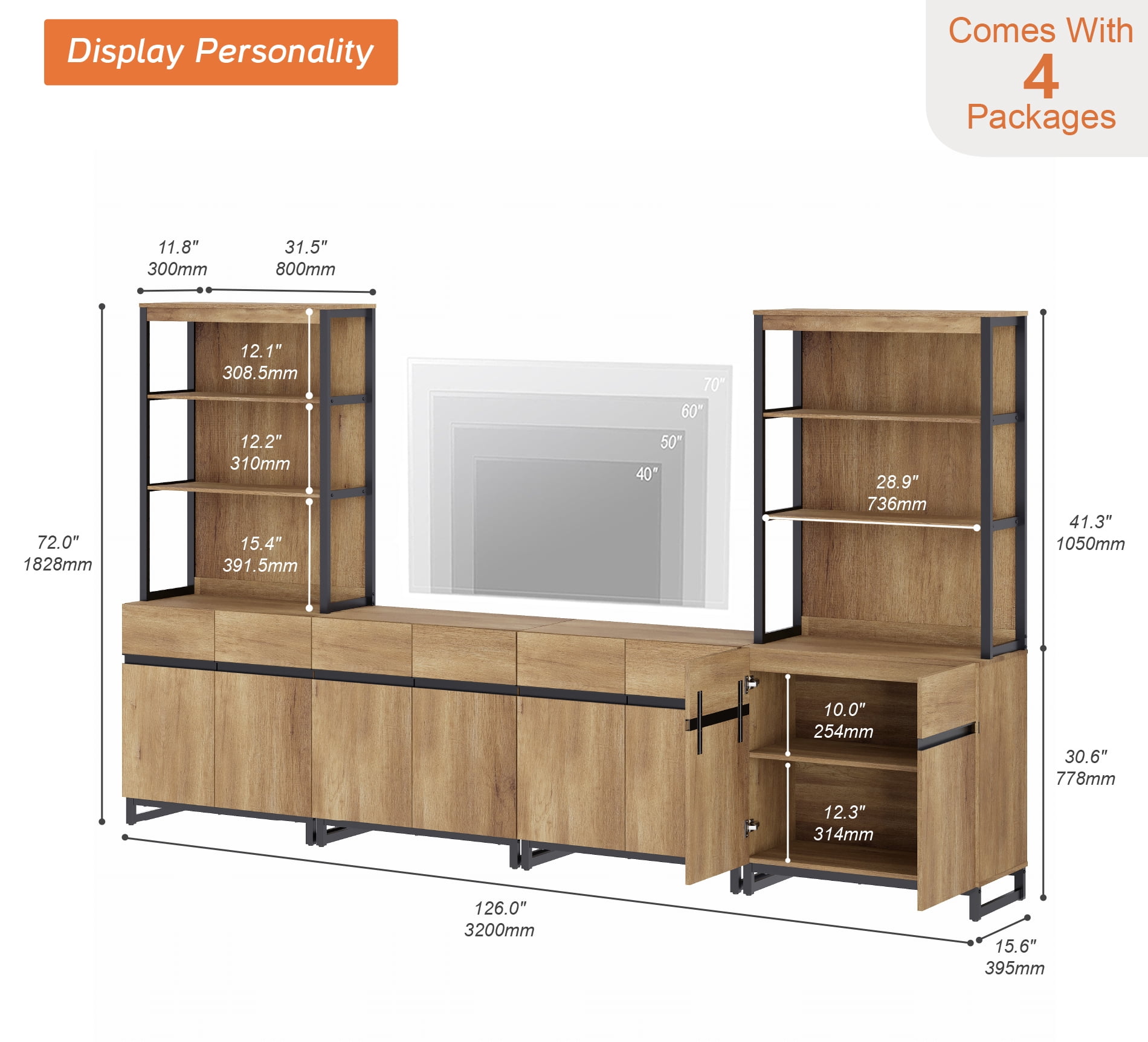 WAMPAT Modern Farmhouse TV Stand with 3-Tier Bookshelf & 4 Large Storage Cabinets, Adjustable Shelf Wooden Media Console with Black Metal Legs Entertainment Center for Living Room