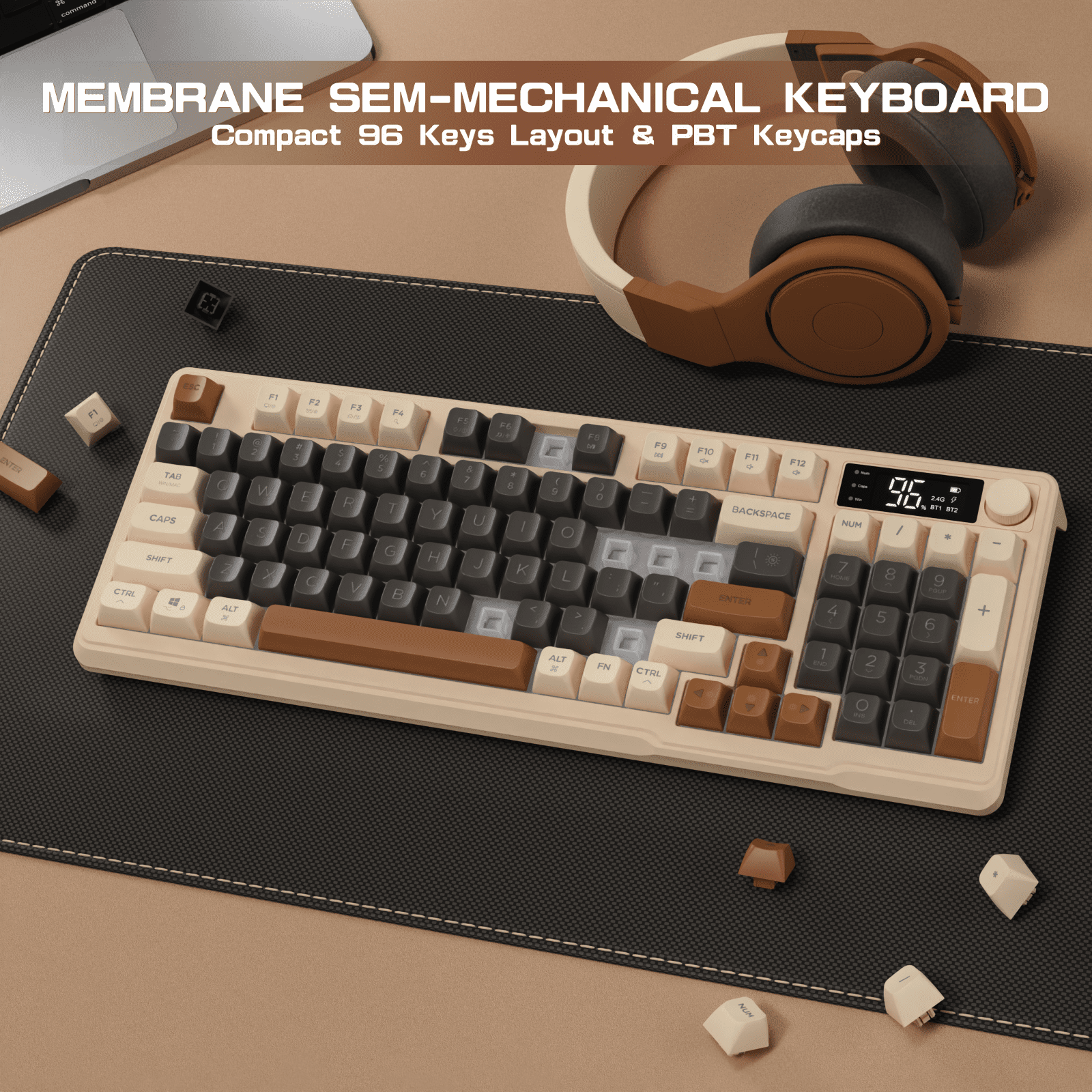 ZIYOULANG M96 Dual Mode Wireless Gaming Keyboard with 2.4G & BT5.0, 90% Membrane Semi-mechanical Keyboard with Smart Display & Knob
