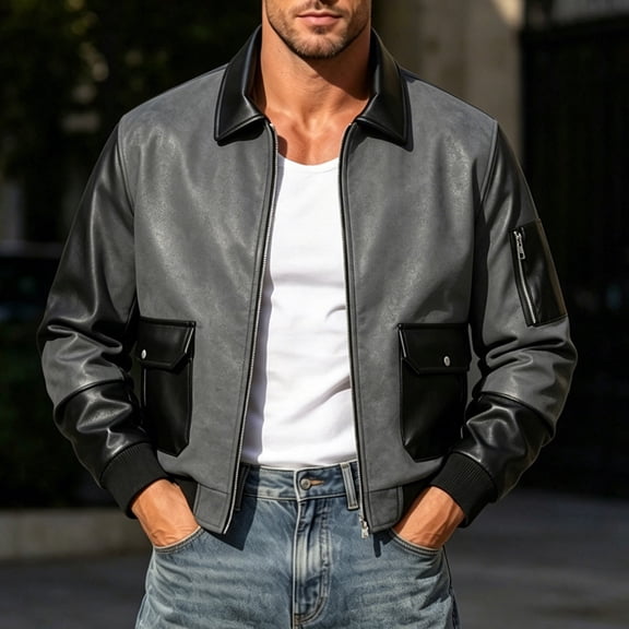 Men's Vintage Patchwork Jacket, Baseball Collar Zipper Coat With Multi-Pockets, Casual Biker Short Workwear Outerwear Gray XL