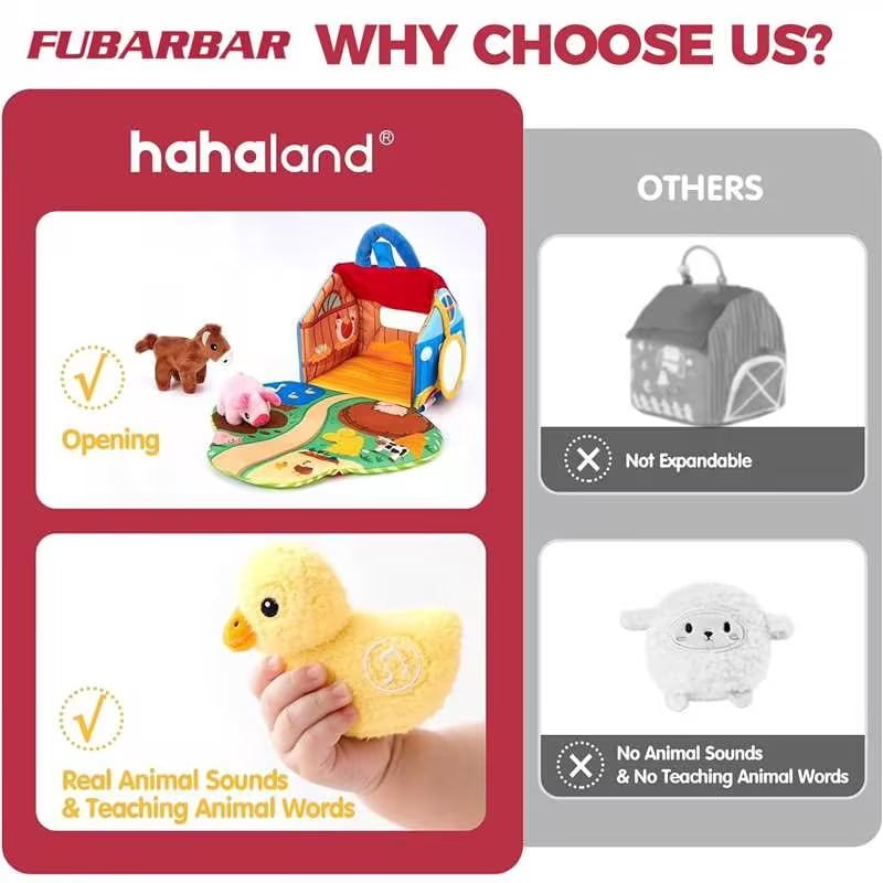 FUBARBAR Plush Farm Animal Barn Toy Set with Real Sounds, Sensory Montessori Toys for Babies & Toddlers 6-12 Months (5-Piece Set)