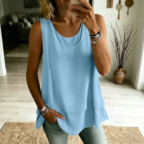Women Chiffon Flowy Tank Tops Double Layer Crew Neck Sleeveless Loose Casual Elegant Summer Tunic Blouses Blue S