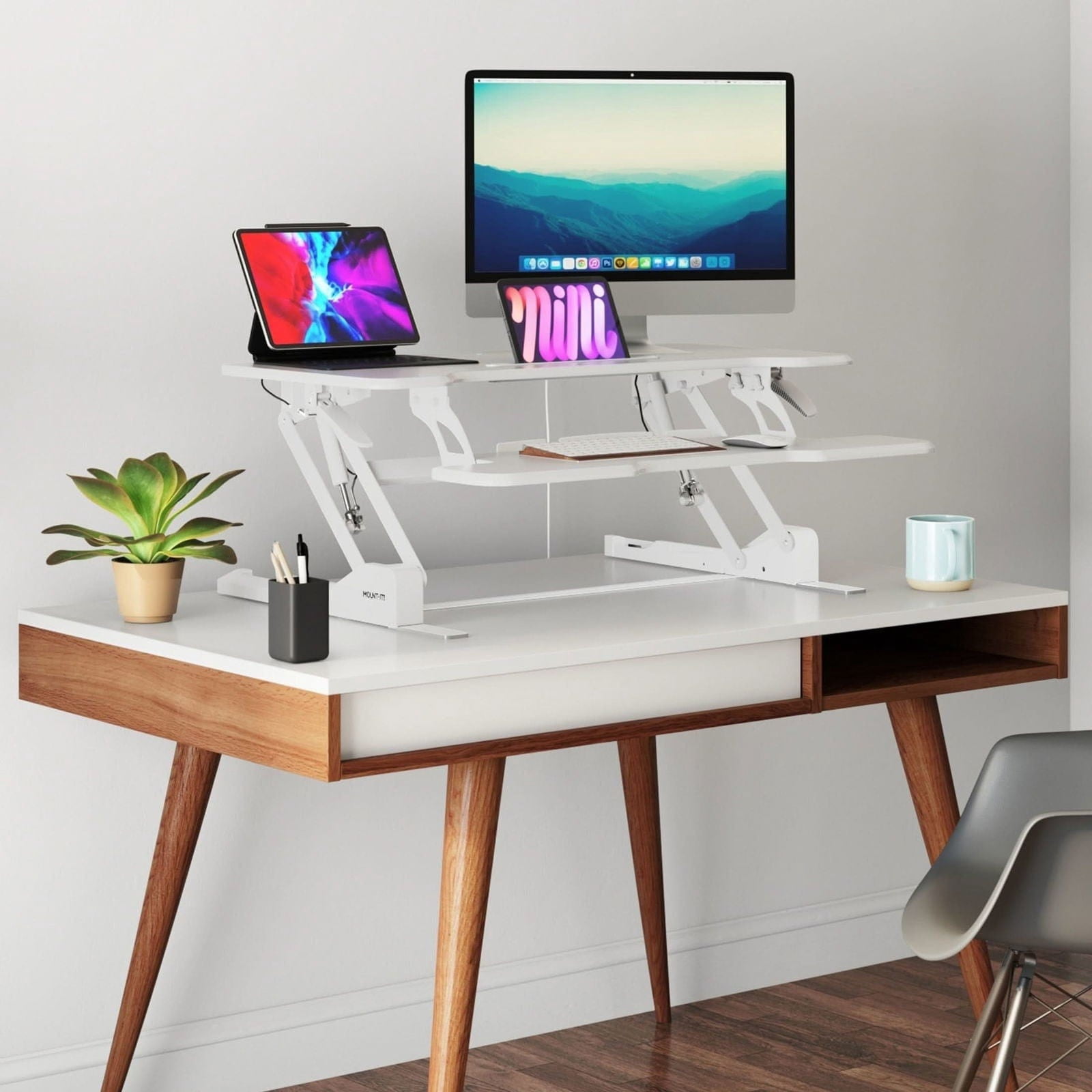 Mount-It! 38'' Standing Desk Converter – Height Adjustable Sit Stand Riser with Dual Monitor Space, Keyboard Tray & Device Slot – Gas Spring Lift, MDF Desktop, White