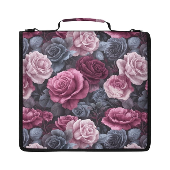 Zipper Binder with Shoulder Strap 2 inch 3 Ring Waterproof File Folder Organizer Bag 500 Sheet Roses in Pink and Gray Tones