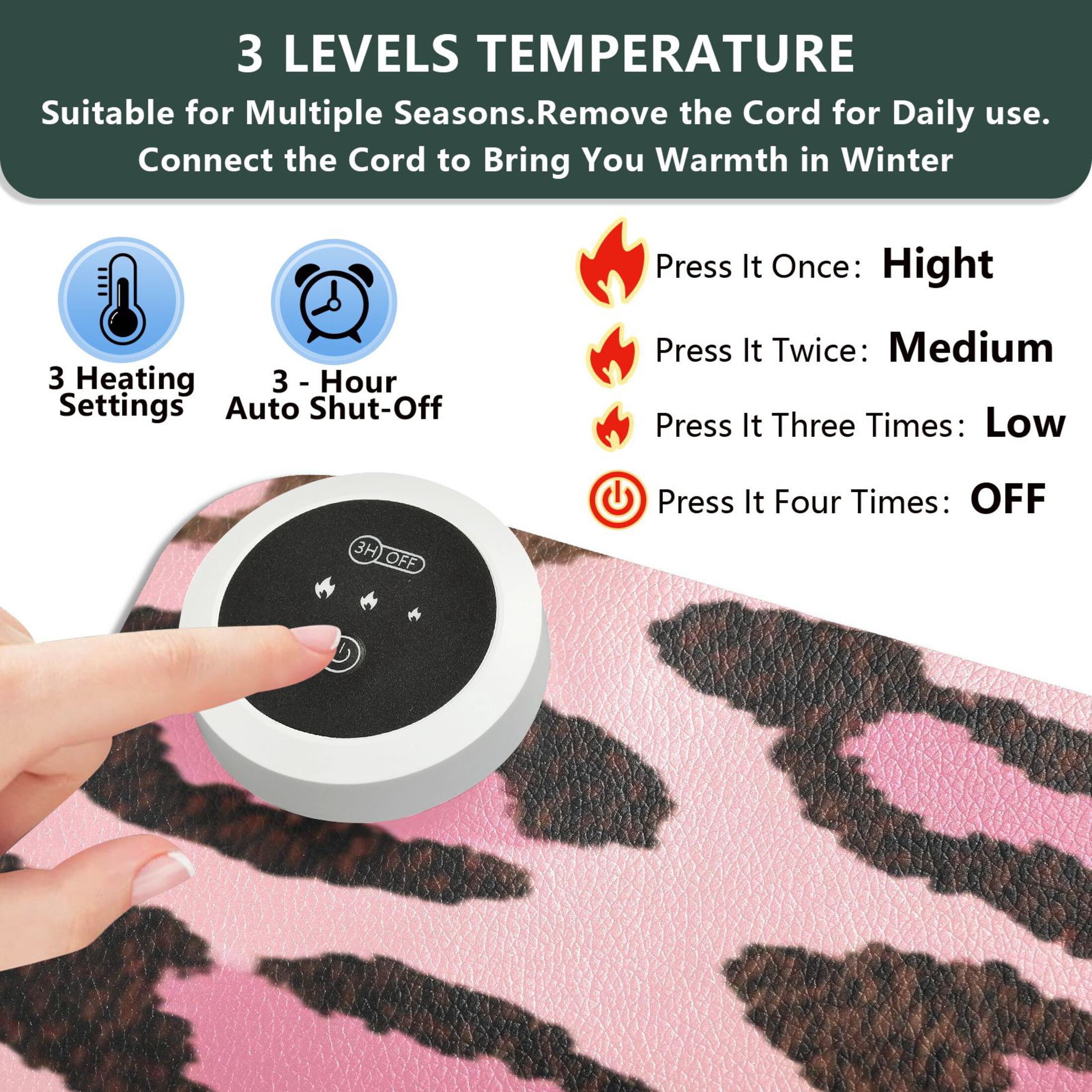 Large Heated Desk Mat Mouse Pad 31.5"x13"PU Leather Graphene Heating Desk Warmer with 3 Temperature Settings 110V US Plug Non-Slip Warm Pad for Home, Office, and Gaming Brushstroke Pink Cheetah Print