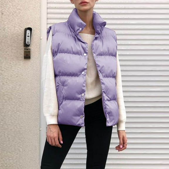 Winter Vest For Women Winter Solid Hooded Puffer Vest Solid Color Hooded Button Down Detachable Sleeveless Outerwear Jacket Purple L Clearance Sale