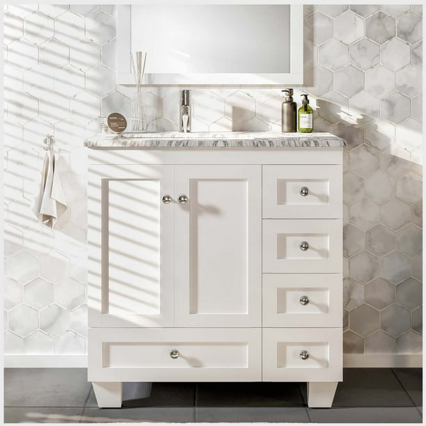 White Carrara Marble Counter Top, Bathroom Vanity 30 Inch Wide 18 Deep