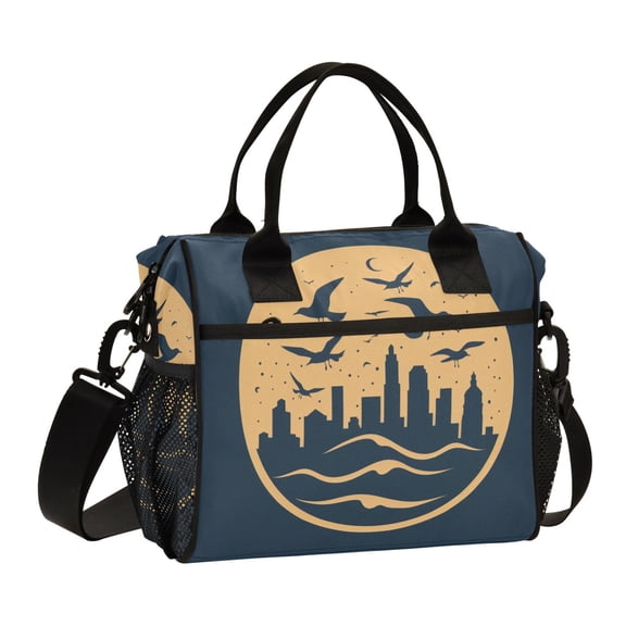 Lunch Bag Insulated Lunch Box Leakproof Reusable Cooler Tote Adjustable Shoulder Strap for Men Women City Seagulls Moon Wave 9L