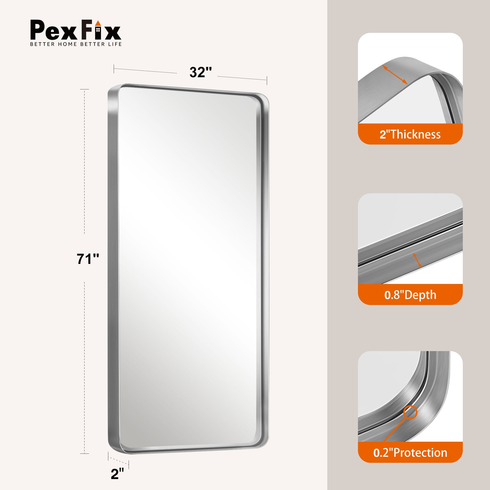 71"x32" Aluminum Alloy Wall Mount Rounded Corner Rectangular Mirror,Silver no stand