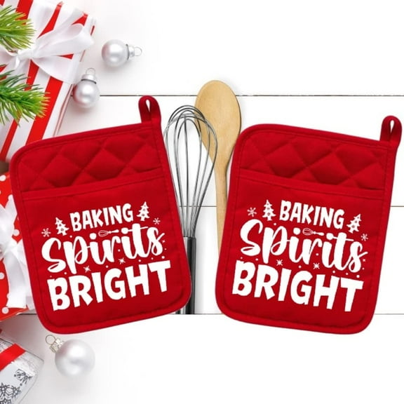 Set of 2 Red - Baking Spirits Bright - Pot Holder - Oven Mitt - Hot Pad - Polyester & Neoprene White Elephant - 9" x 7" - NEO008REDDBL
