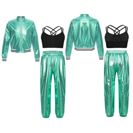 dPois Kids Girls Shiny Metallic Bomber Jacket Coat Outwear Jazz Hip Hop Dance Crop Top Sports Bra Blue Green 6