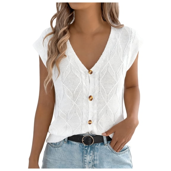 hotojiny Cute Tops for Women Trendy Cap Sleeve Knit Sweater Vest Tops Lightweight Soft Button Down Summer T-Shirts