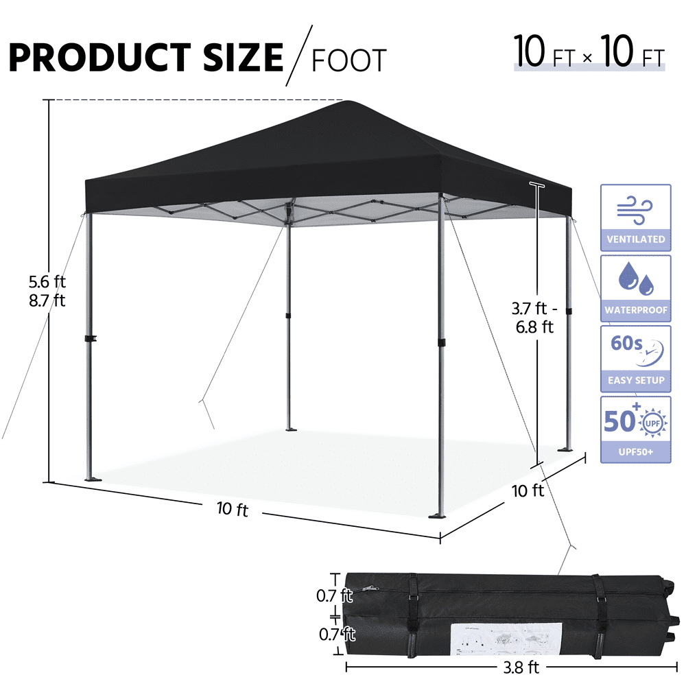 Alden Design 10x10FT Pop-up Canopy with One-Push-To-Lock Setup Mechanism for Outdoor, Black