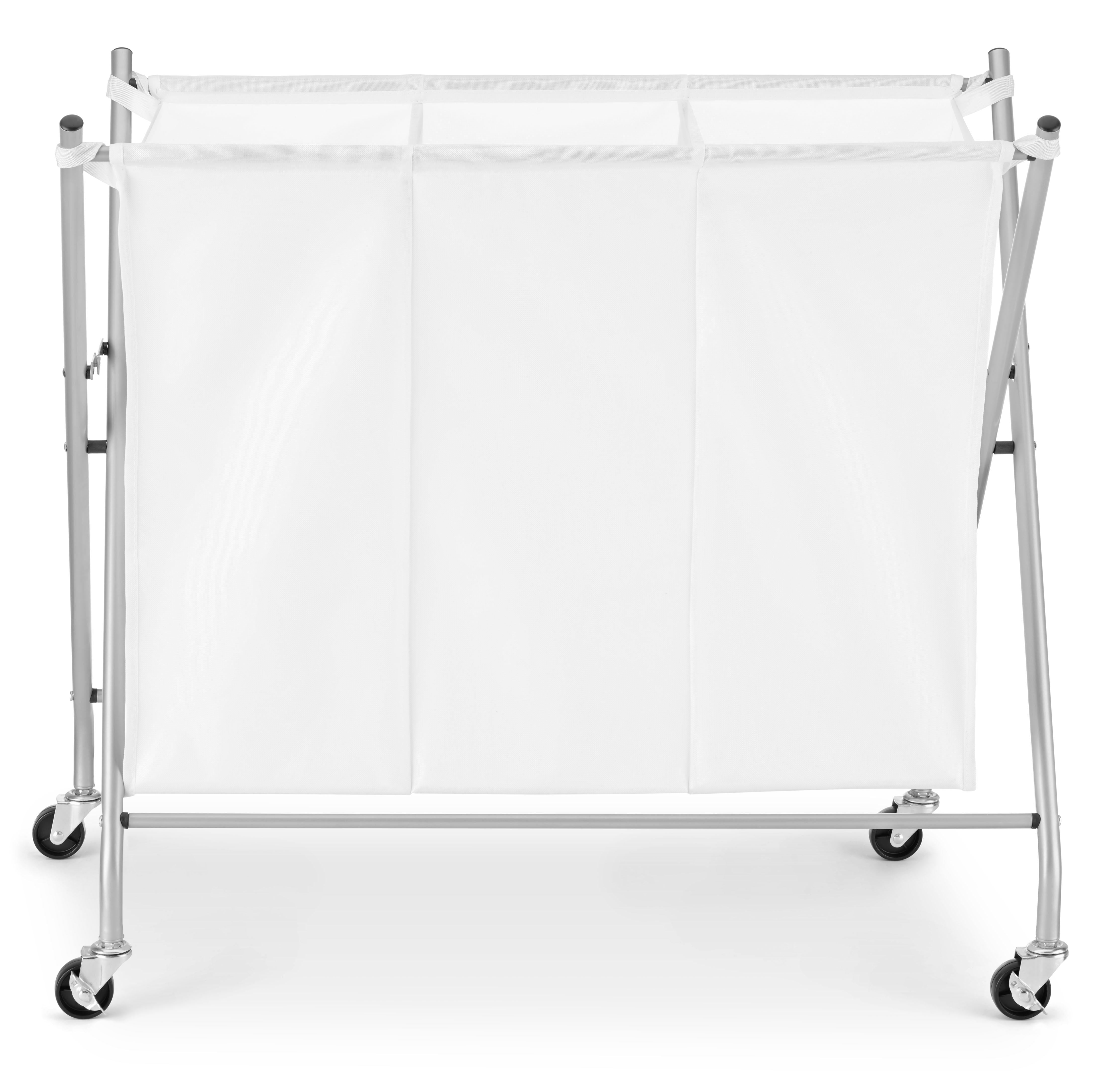 Whitmor 3-Section Rolling Laundry Sorter, Metal Frame with Fabric Laundry Bag, Silver/White