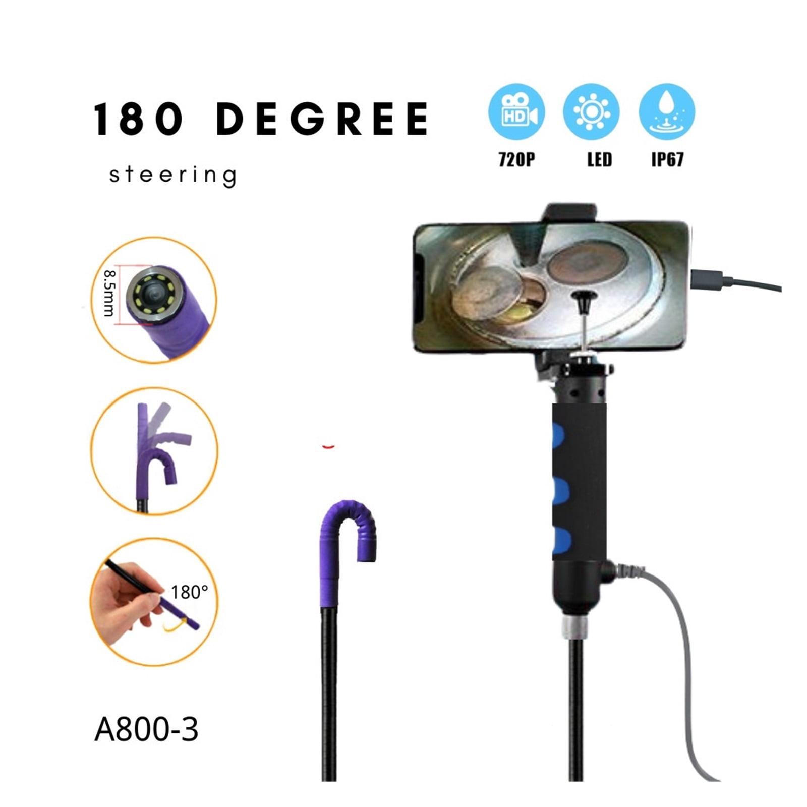 8.5mm 180 Degree Rotatable Industrial Endoscope Camera Control Steering Automotive Pipe Inspection High-definition With Lights ,Stunning Clarity