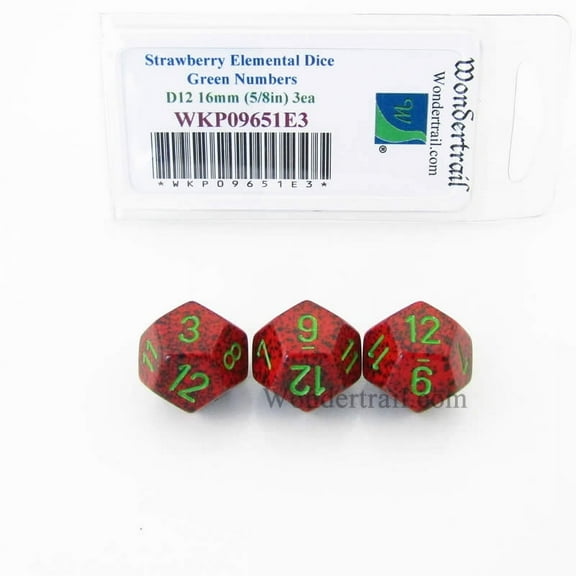 Strawberry Elemental Dice with Green Numbers D12 16mm (5/8in) Pack of 3 Wondertrail