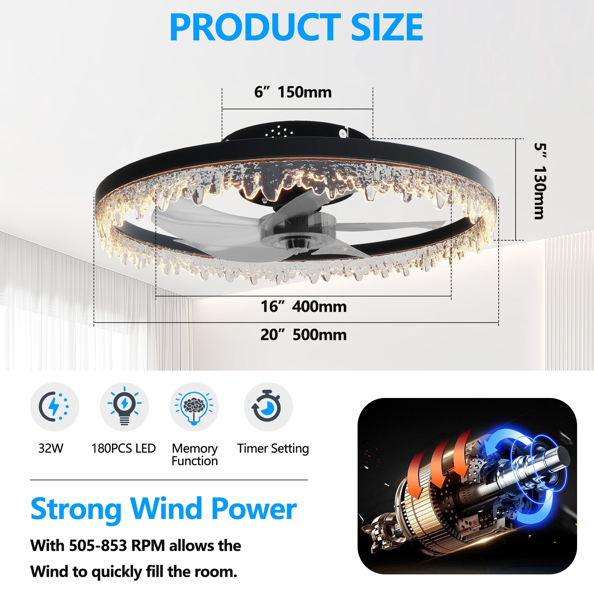 Miniyam LED Fan Light with Remote – Dimmable, 6 Speeds, 3 Color Temperatures, Smart Memory Function