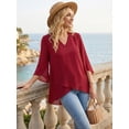 thumbnail image 2 of DARING DIVA Women's High Low Tops 3/4 Bell Sleeve V Neck Chiffon Blouse XL Red, 2 of 8