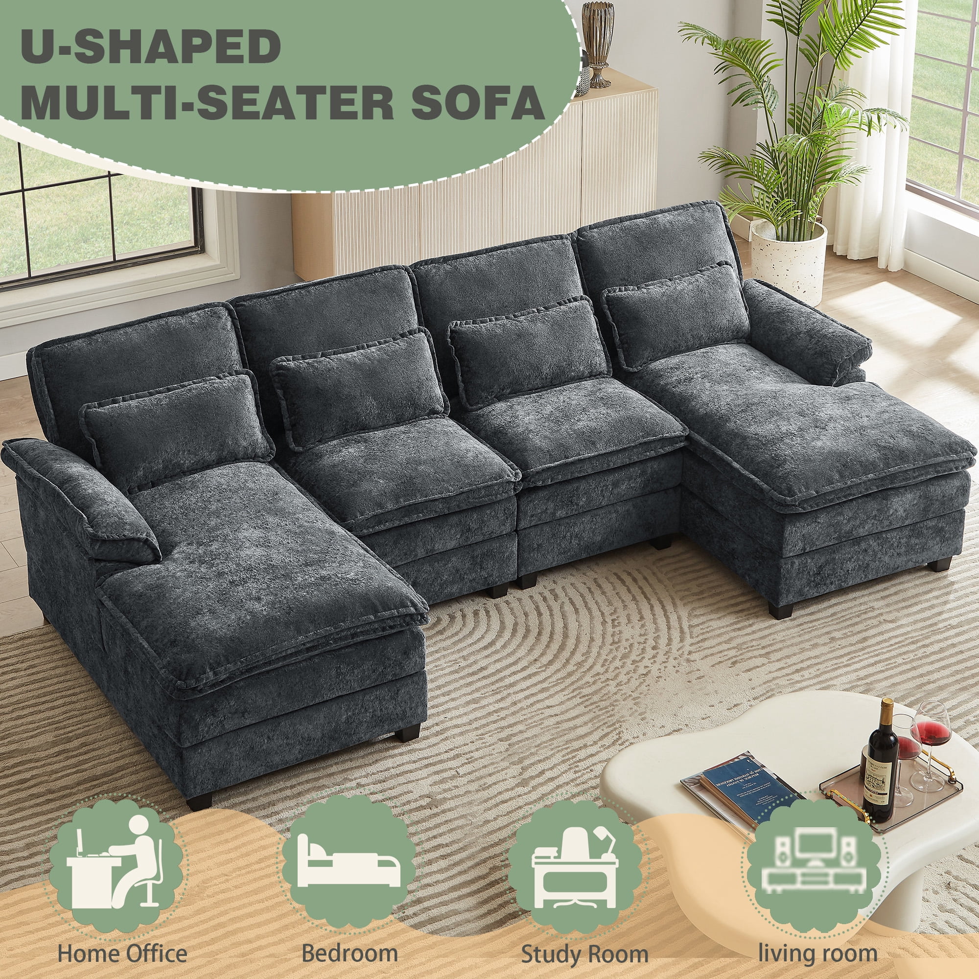 Soscana 113" Sectional Sofa Oversized U Shaped Couch with Double Chaise,Cloud Couch with 4 Waist Pillows,Modern Linen Seating Furniture for Living Room Office Studio Apartment,Gray
