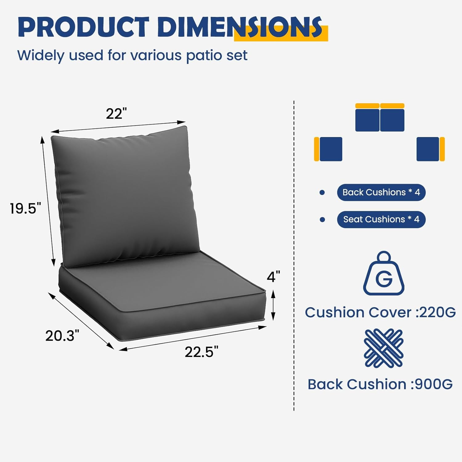 MRUAKA Outdoor Cushions for Patio Furniture, 4'' Replacement Cushions for Outdoor Furniture, Set of 8 Water-Resistant Outdoor Sectional Cushions for Sofa Couch Chair (Grey)