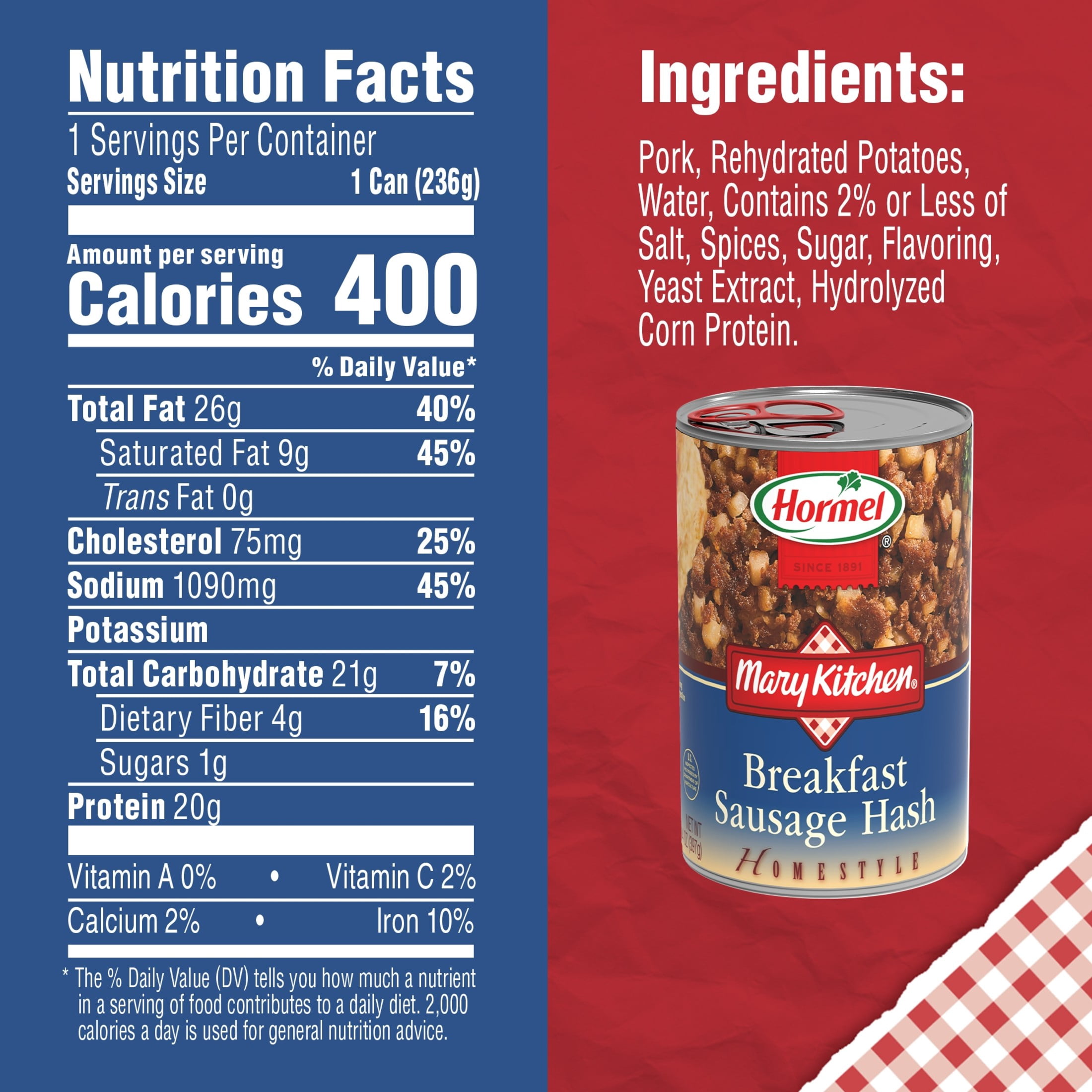 HORMEL MARY KITCHEN Breakfast Sausage Hash, Shelf-Stable, 14 oz Steel Can