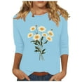 thumbnail image 2 of Byworldtasic Women's Oversize Long Sleeve Tops Women's 3/4 Length Sleeve Pullover Tops Sunflower Print Basic T-shirts Round Neck Lightweight Breathable Blouses Light Blue, 2 of 4