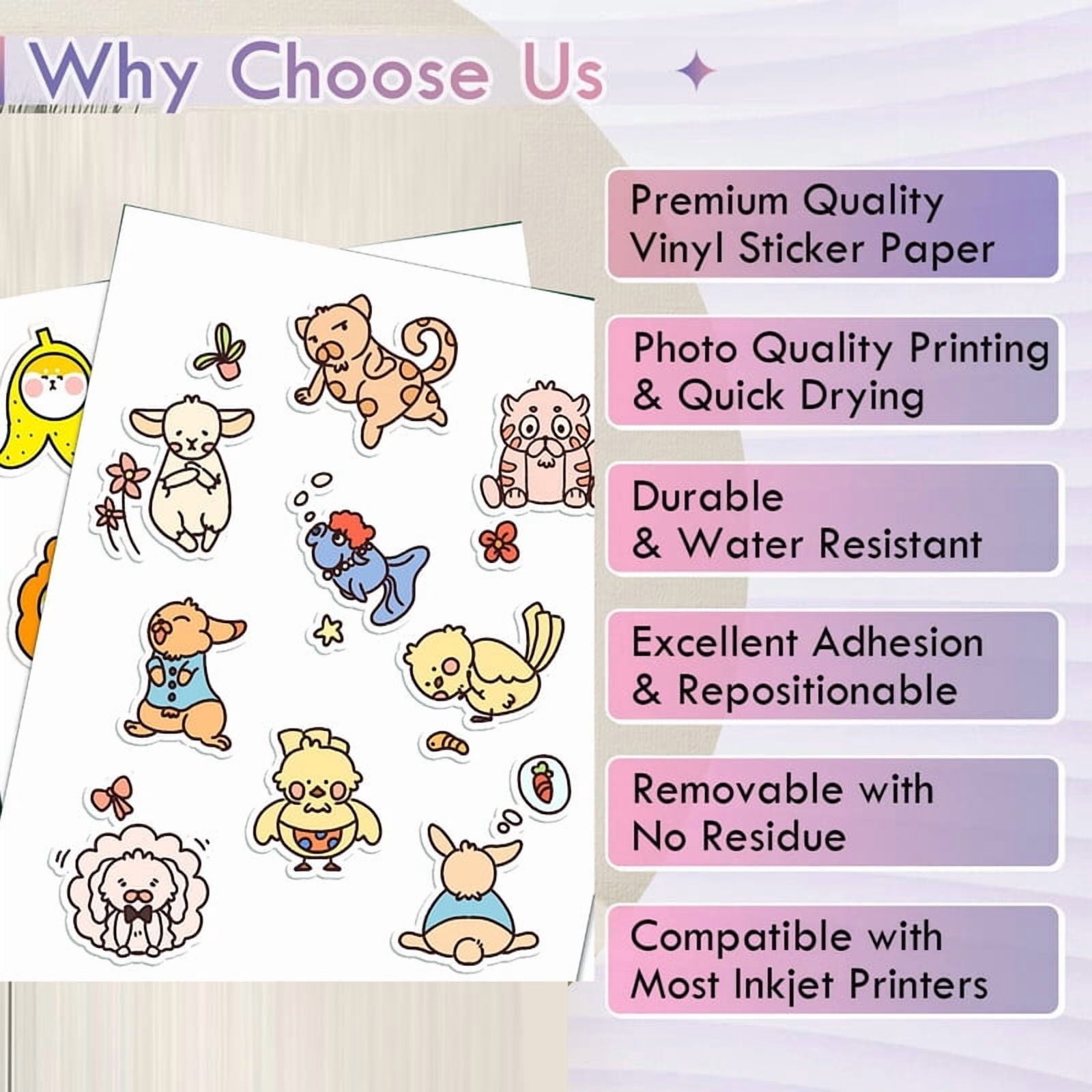 SJPACK 100 Sheets 8.5" x 11"Glossy Printable Vinyl Sticker Paper for Inkjet & Laser Printer, Waterproof, Dries Quickly Vivid Colors