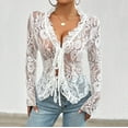 thumbnail image 5 of Vetement Femme ete 2025 Mesh Long Sleeve Lace Tops For Women Sexy Tie Up Front Floral Embroidery Sheer See Through Shirts Casual Summer Shirts Large Women's Tops Oversized Tee Shirt And Shirt S, 5 of 7