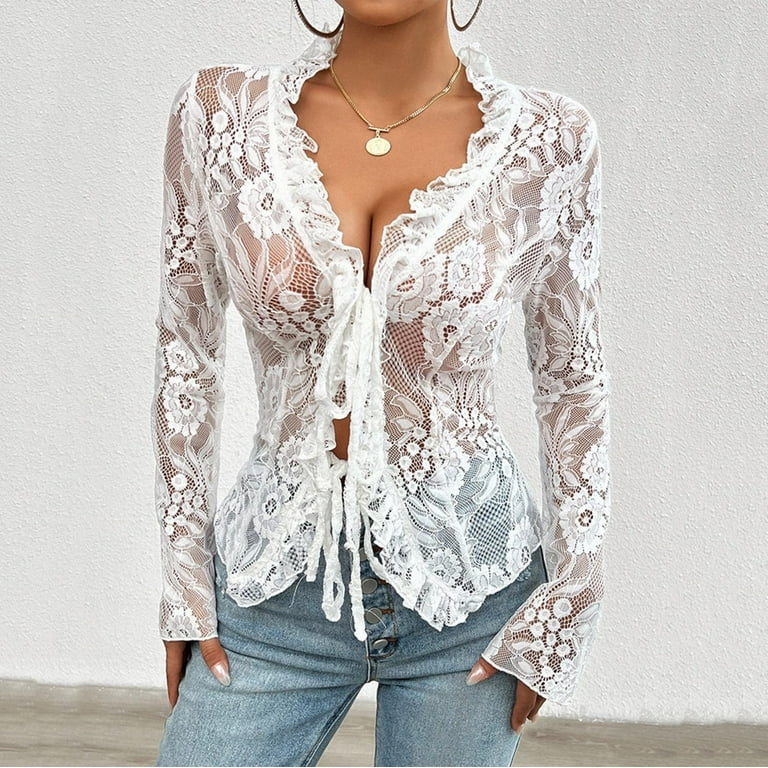 DuoJiaJ Mesh Long Sleeve Lace Tops For Women Sexy Tie Up Front