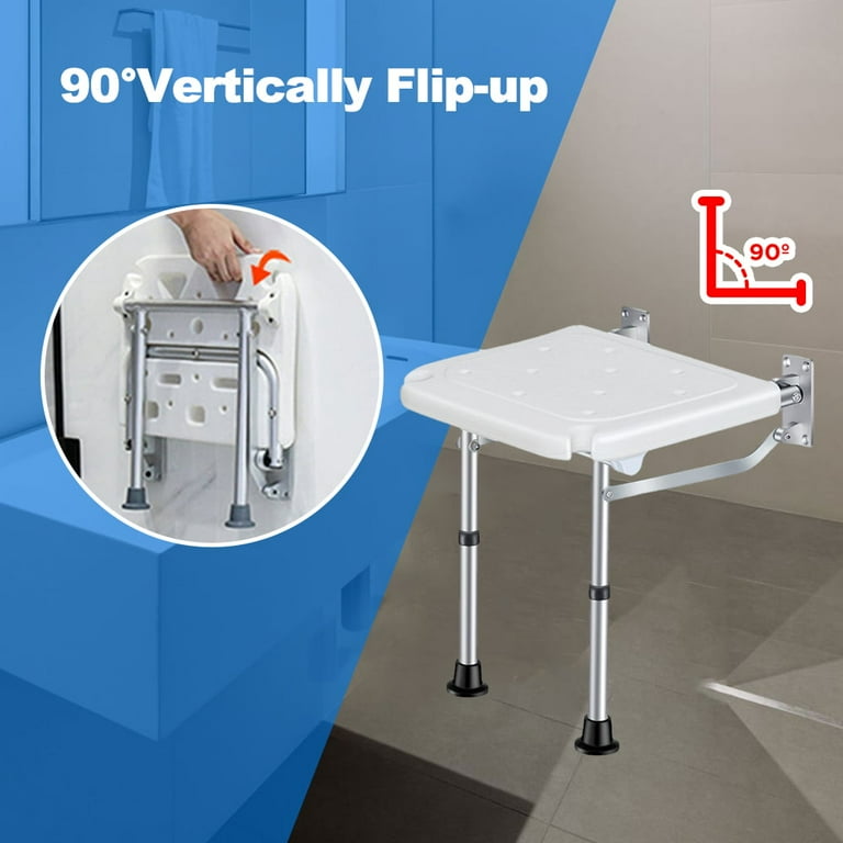 Folding Shower Seat Wall Mounted Foldable Shower Chair Adjustable Height Fold Down Shower Seat Bath Bench Bathroom Stool Collapsible for Inside Shower for Elderly Adults Pregnants Seniors Disabled Wal...