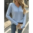 thumbnail image 3 of Women'S V-Neck Long Sleeve Shirt Striped Knit Button Decoration Dress Shirt Autumn Casual Loose Elegant Tunic Top Blue S, 3 of 8