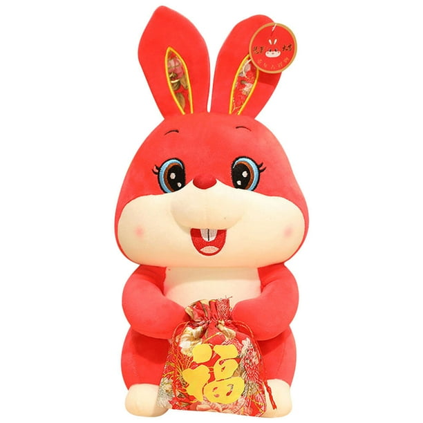 KAKOWELY Mascota de conejo de peluche de dibujos animados 2023, año del conejo, con bolsa de la suerte, adorno de mesa