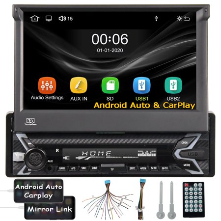 Bluetooth Car Stereo Radio with Android Auto Carplay in Dash 7 Inch Single 1Din Touch Screen Car Radio GPS Multimedia MP5 Player AM/RDS/FM Receiver Support Backup Camera Input, Steering Wheel Control
