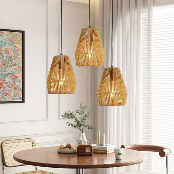 ACE-LIGHTS,Height Adjustable Natural Woven Design Rustic Hemp Rope Pendant Light(3PCS),Farmhouse Hanging Light Fixture(Bulb Not Included),Ceiling Lamp for Living Room,Dining Room,Bedroom,Kitchen(Wood)