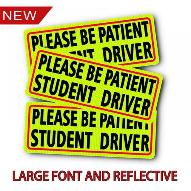 Student Driver Magnet Safety Sign Vehicle Bumper Magnet featuring bold black block lettering on a bright yellow reflective background with red borders. The sign reads 'Please Be Patient Student Driver' and is designed to enhance visibility and promote safety for new drivers. Made from durable, weatherproof, and heat-resistant materials, it measures 22.8 x 7.6 x 0.2 cm and is easy to install, remove, and reuse. Suitable for placement on car bumpers or other visible areas.