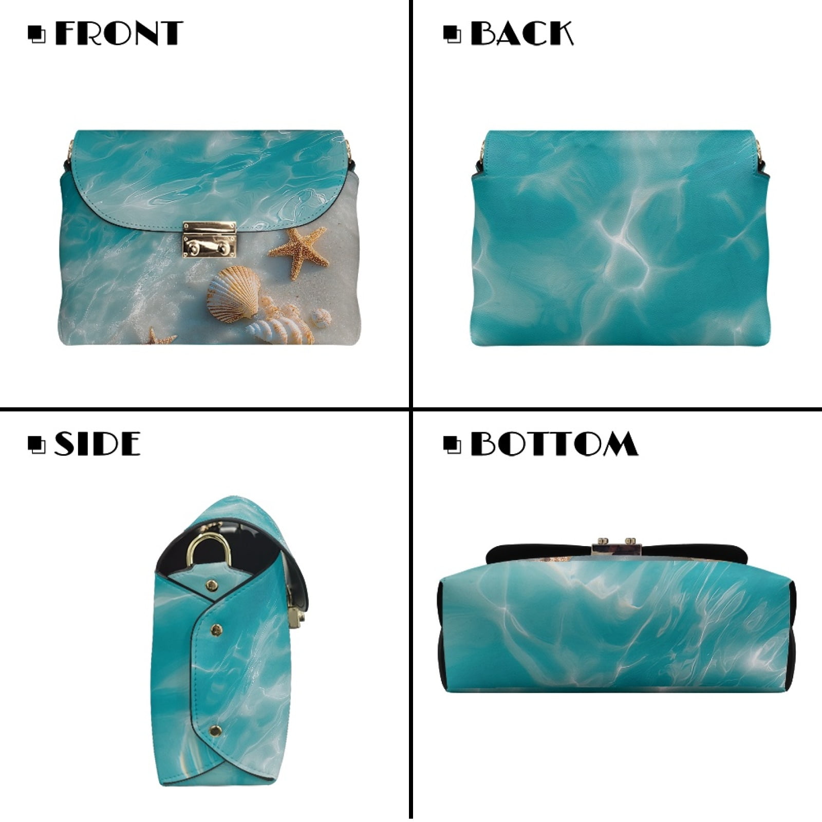 SCRAWLGOD Beach Water Conch Starfish Print Small Crossbody Bag for Women PU Leather Phone Purse with Metal Hook Lightweight Stain Resistant Crossbody Handbags with Metal Buckle