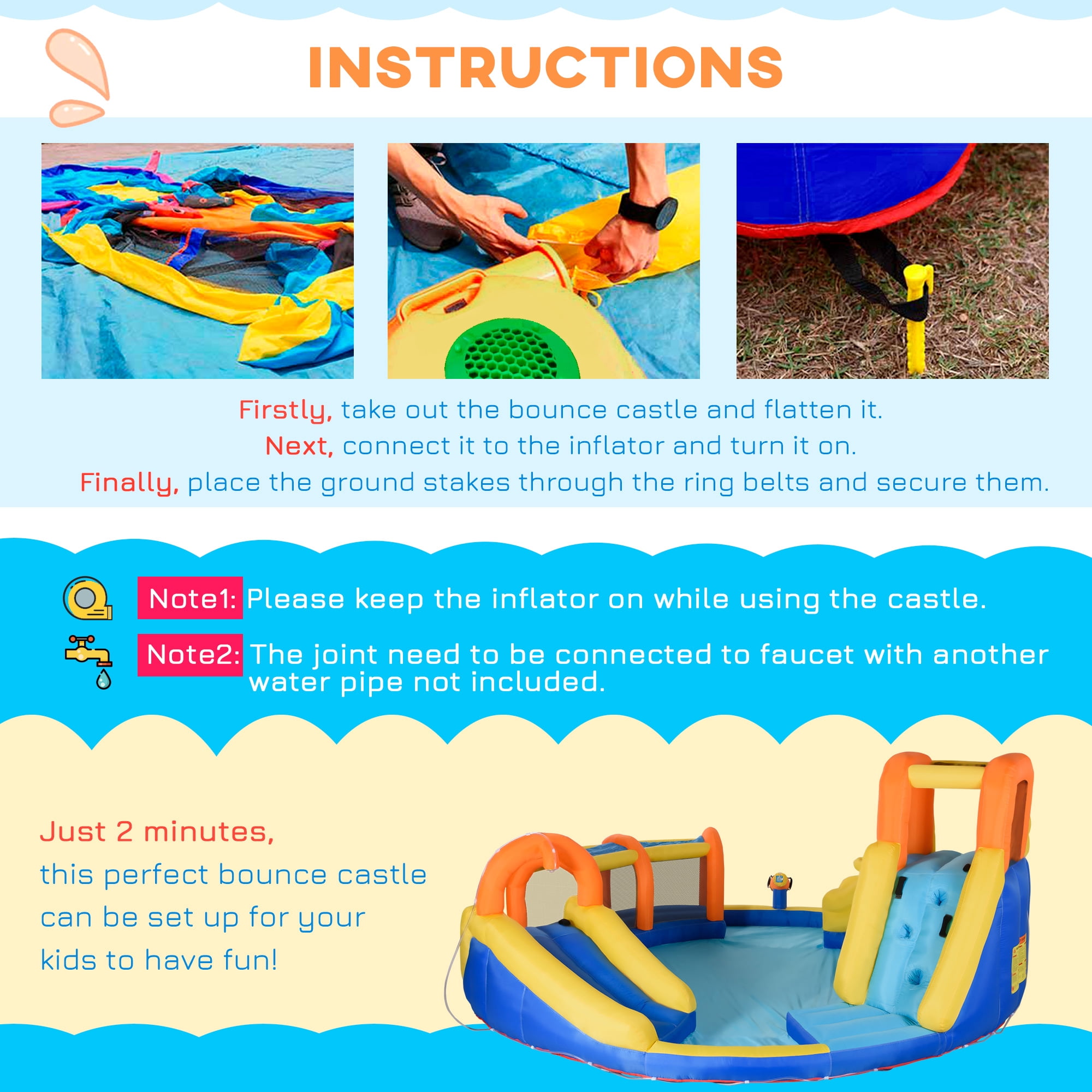 Outsunny 6-in-1 Inflatable Water Slide Kids Bounce House Jumping Castle Includes Slide Basket Pool Water Gun Climbing Wall Tunnel with Carry Bag, Repair Patches and 750W Air Blower