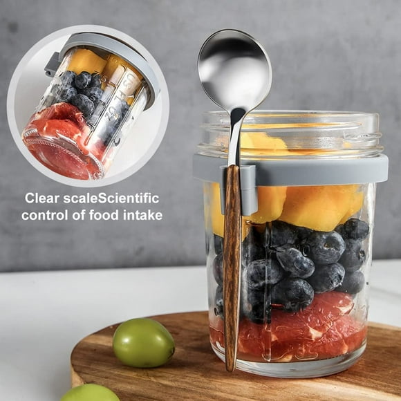 MesaSe Glass Oats Container Airtight with Spoon Portable Measurement Marks Wide Mouth Mason Jars Breakfast Cup Container Kitchen Jars for Salads Cereal Milk