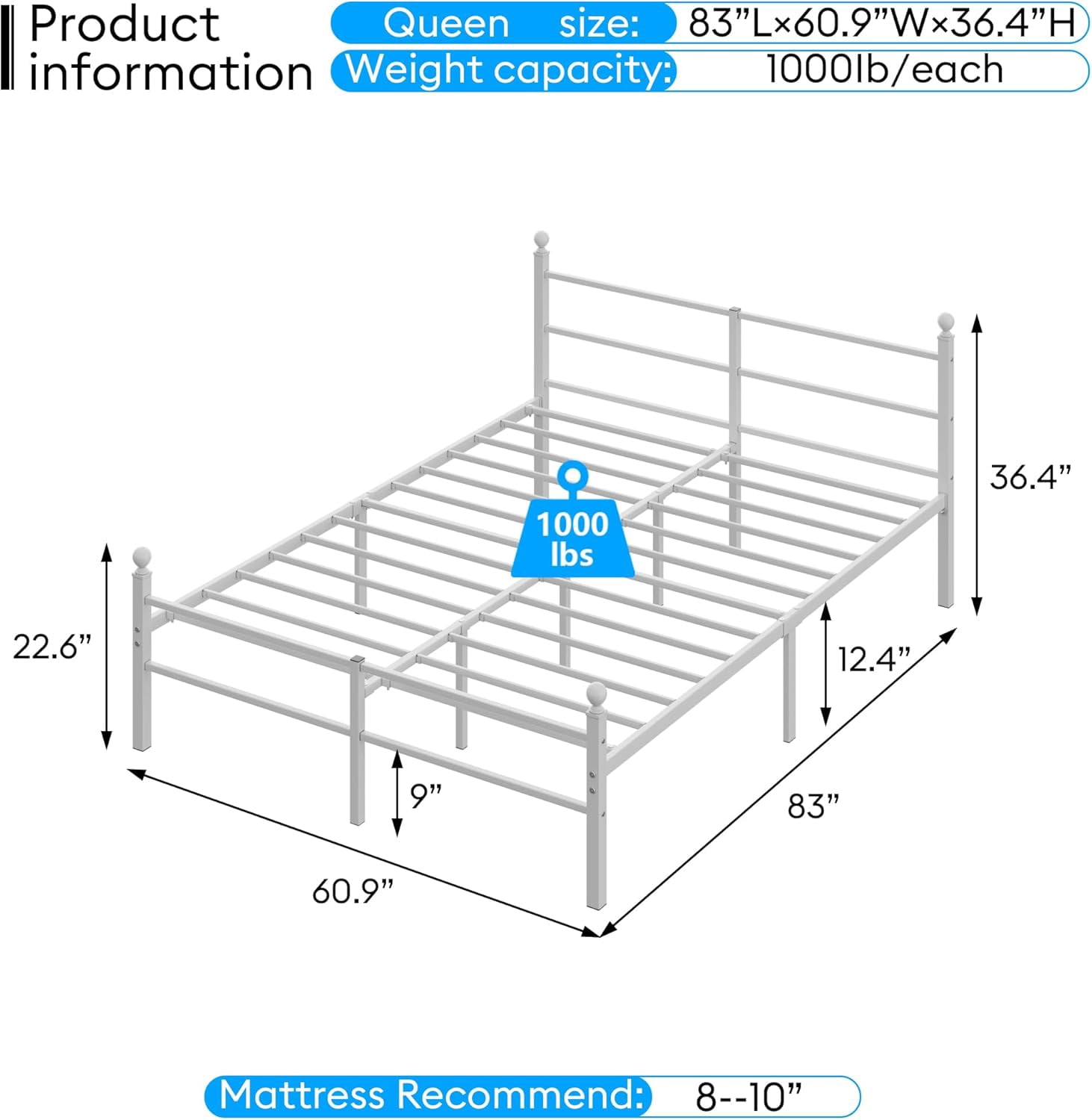 Queen Size Bed Frame with Headboard - Metal Platform Bed with LED Lights, Charging Station, Under Bed Storage and Heavy Duty Steel Slats Support - No Box Spring Needed, Easy Assembly, White