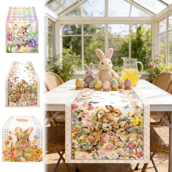 Easter Bunny & Egg Pattern Table Runner with Linen-Textured Placemat, Decorative Dining Set for Living Room, Dining Room & Kitchen Table, Festive Spring Home Easter Decorations, 71*13in, B