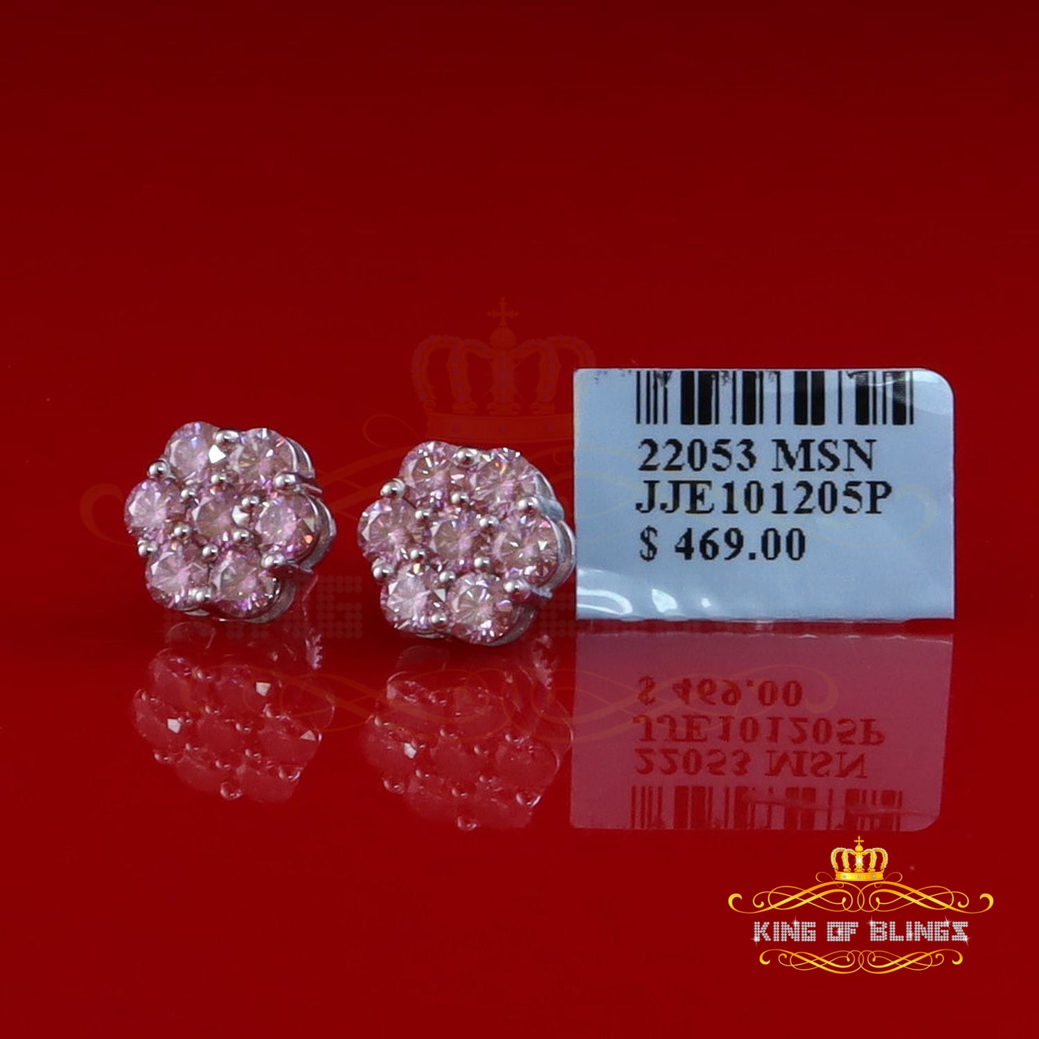 King of Bling's 925 Silver White 2.25ct VVS D Pink Moissanite Floral Men's/Women's Stud Earrings