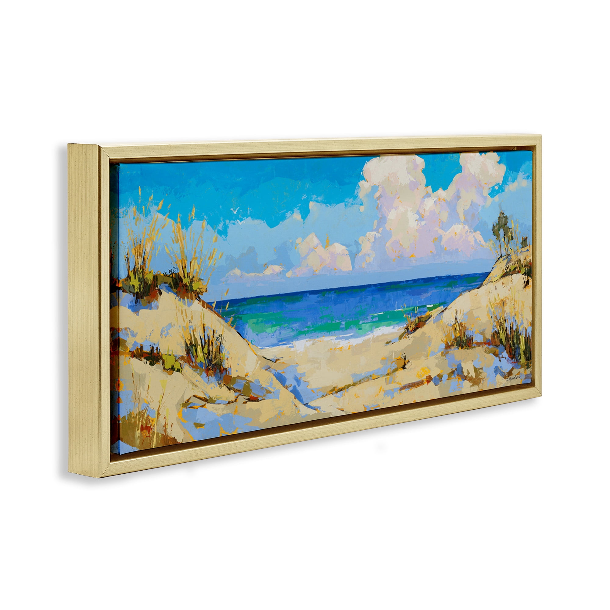 Stupell Industries Cloudy Beach Painting Landscape Painting Gold Floater Framed Canvas Art Print Wall Art, 25 x 11